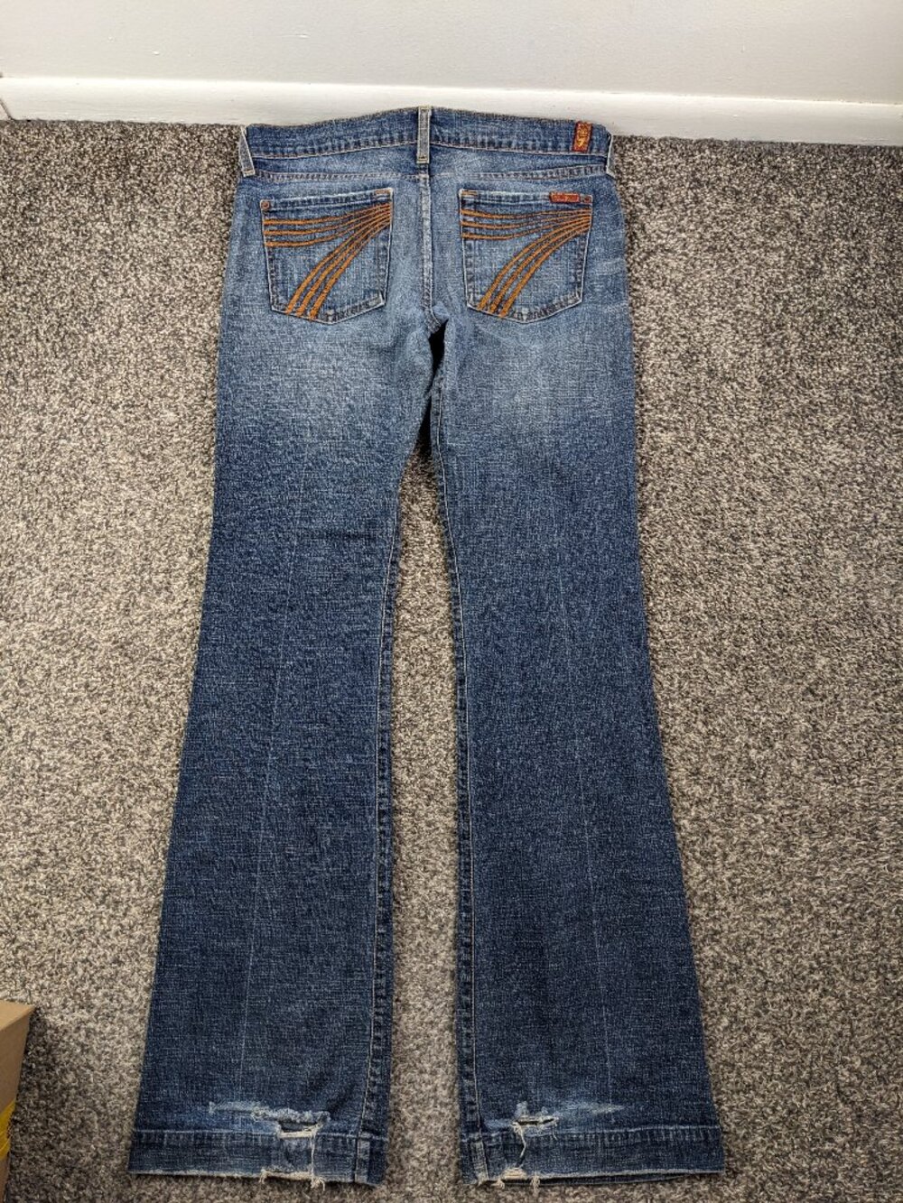 Vintage 7 For All Mankind Jeans Dojo Flare Wide Leg Gold Stitch Sz 29 USA Made